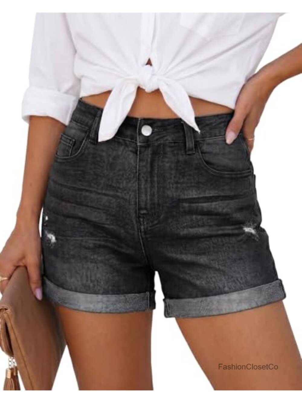 Women's High Rise Stretchy Denim Shorts with Cuffed Hem